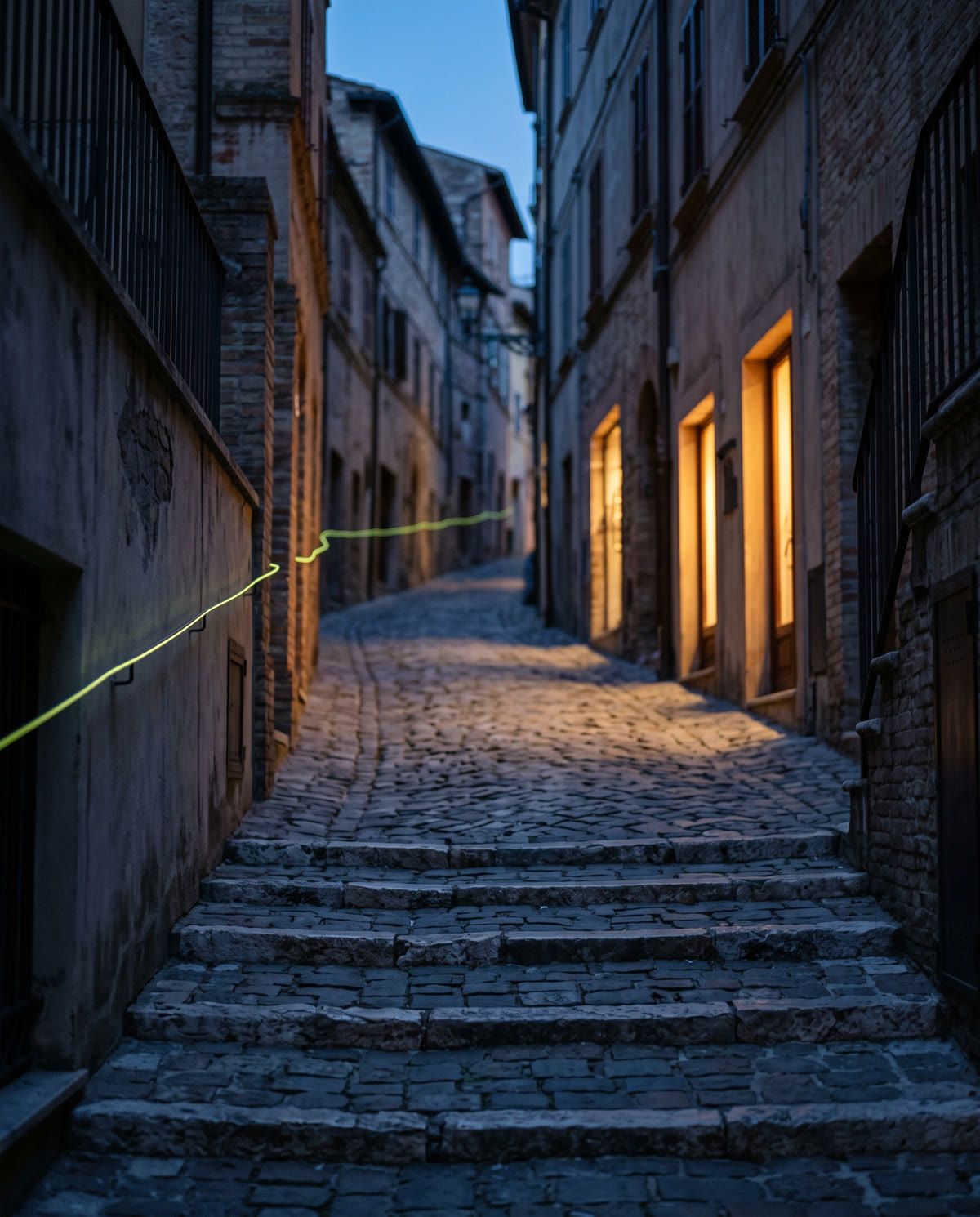 Una scalinata in pietra del centro storico di Ancona all'ora blu, con le botteghe illuminate