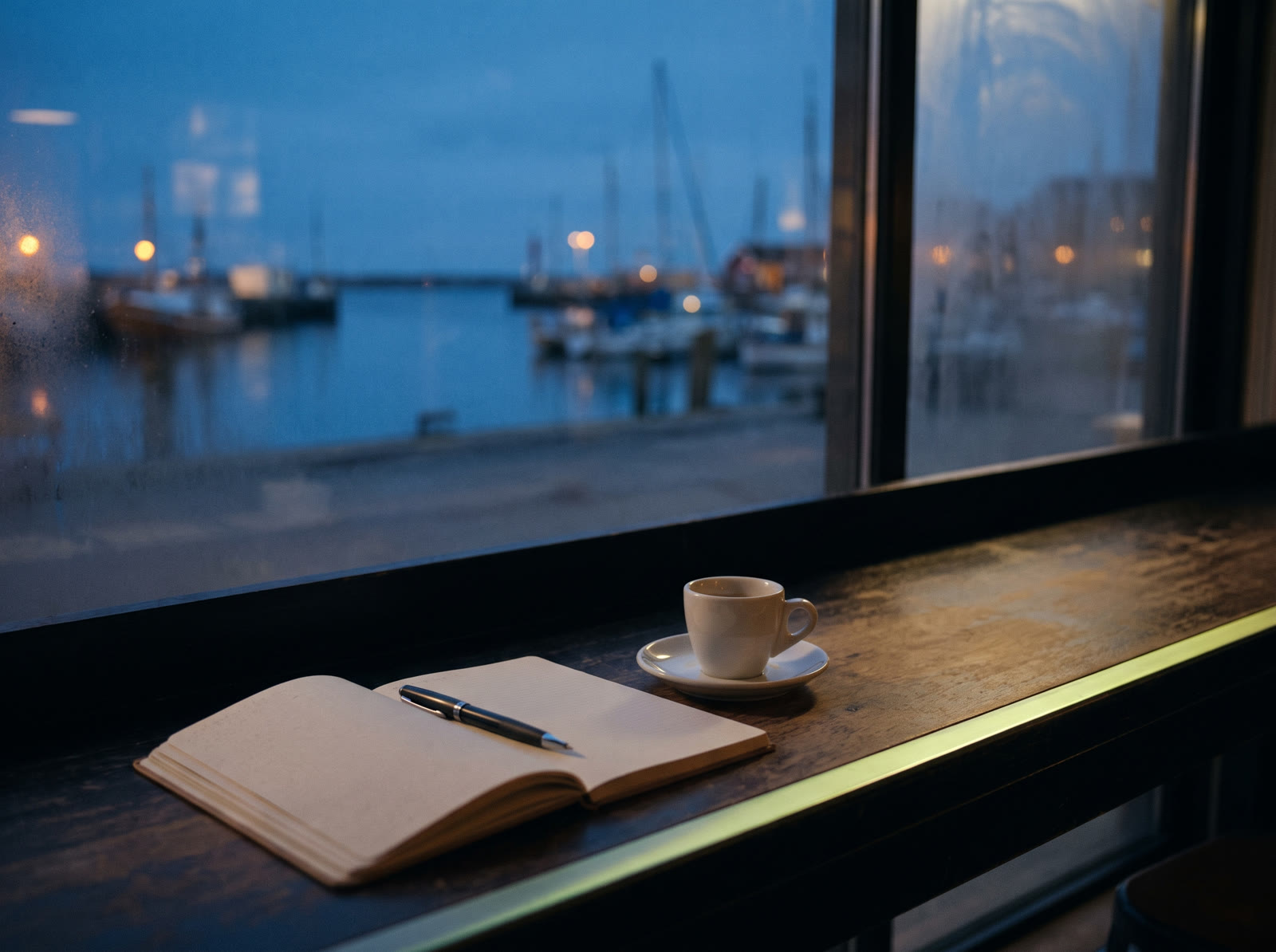 Un bancone affacciato sul porto all'alba, con un taccuino aperto e un caffè